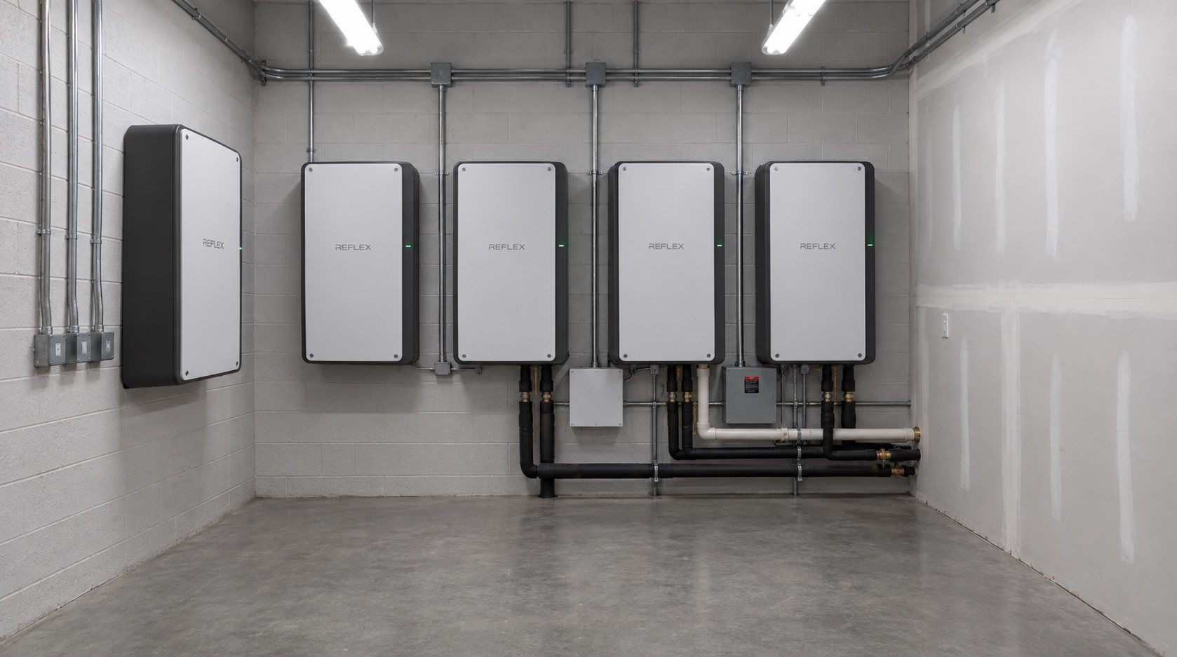Five liquid-cooled Reflex compute nodes mounted in a plant room