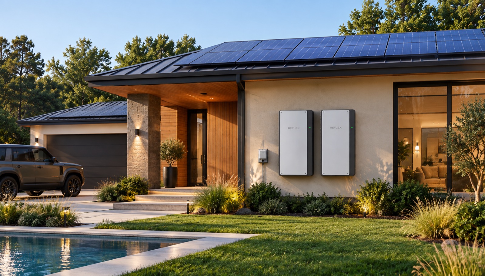 Two liquid-cooled Reflex nodes mounted on the outside wall of a Dubai villa beneath a solar roof