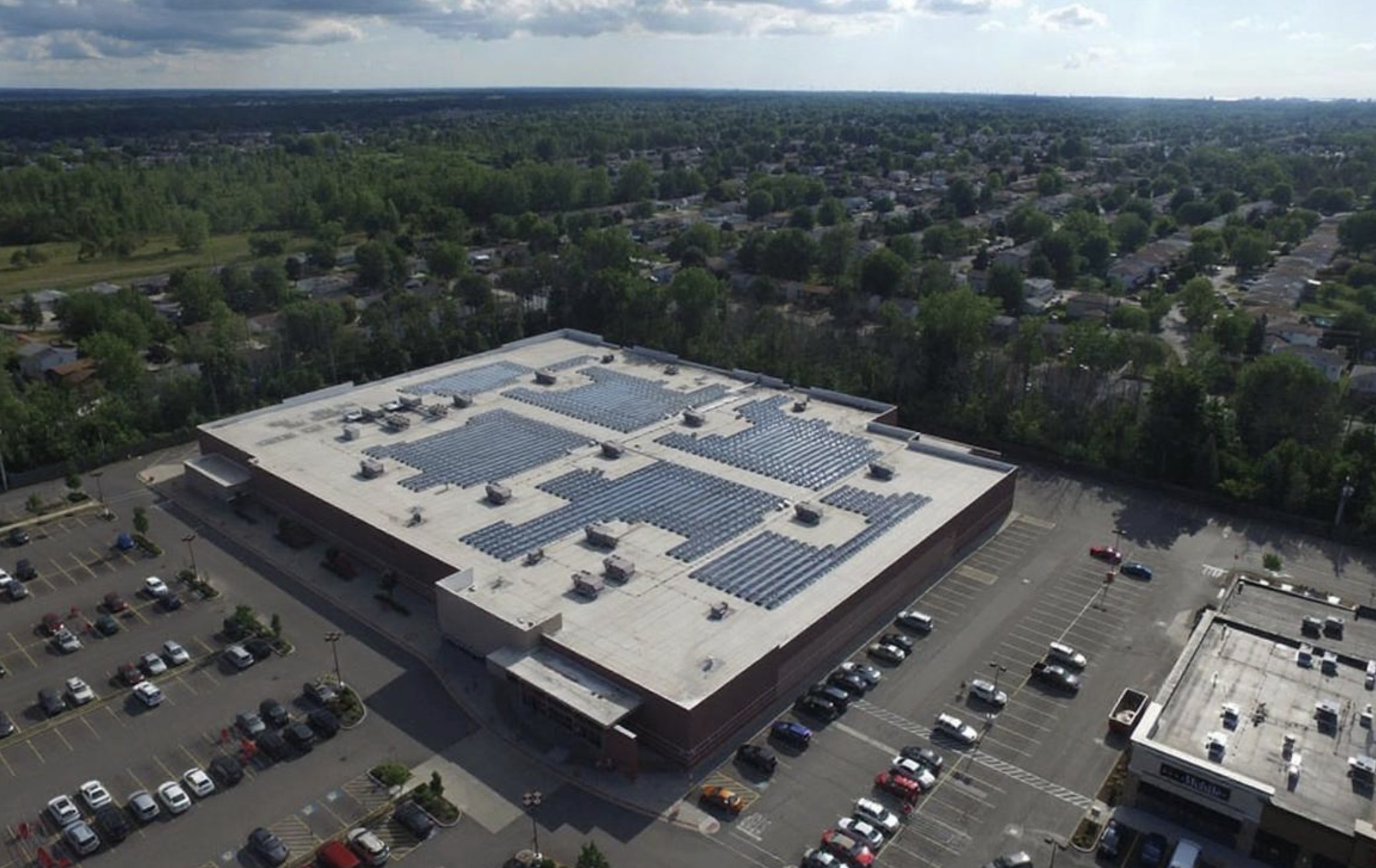 Aerial view of a 442 kW rooftop solar array on the Target facility in Depew, New York