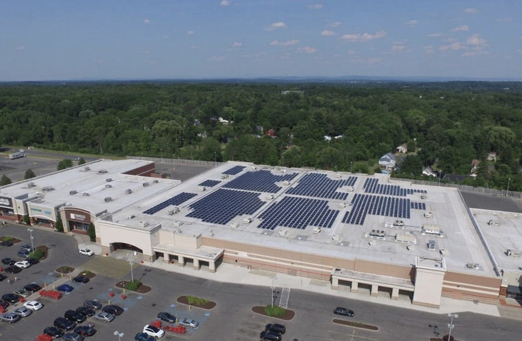 Aerial view of a 471 kW rooftop solar array on the Target facility in Schenectady, New York
